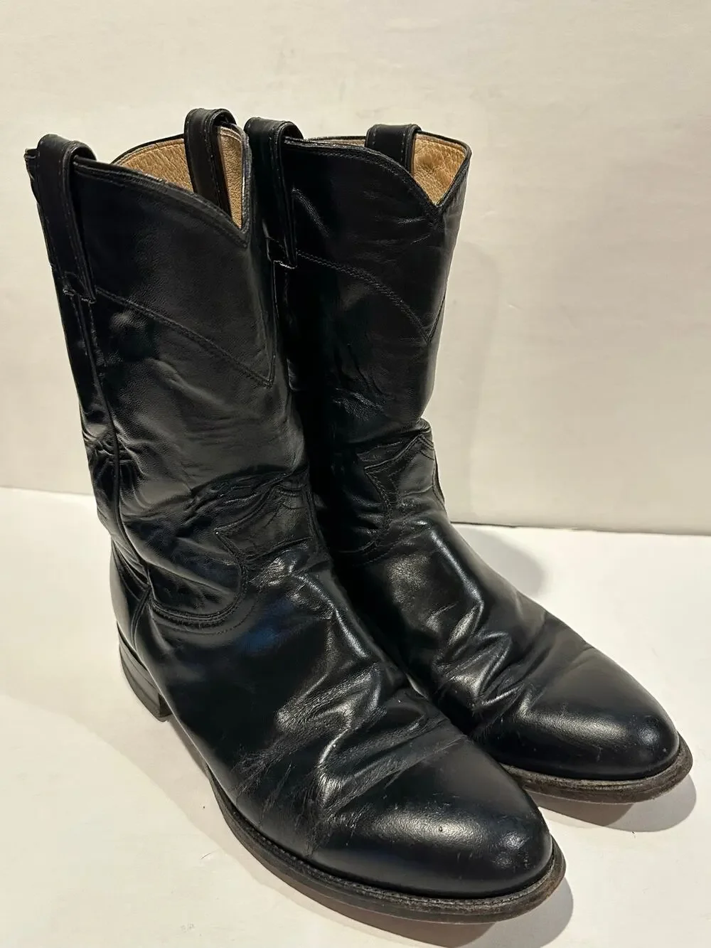 Justin Men's Black Roper Western Boots Size 8 Rodeo Cowboy Horses Western